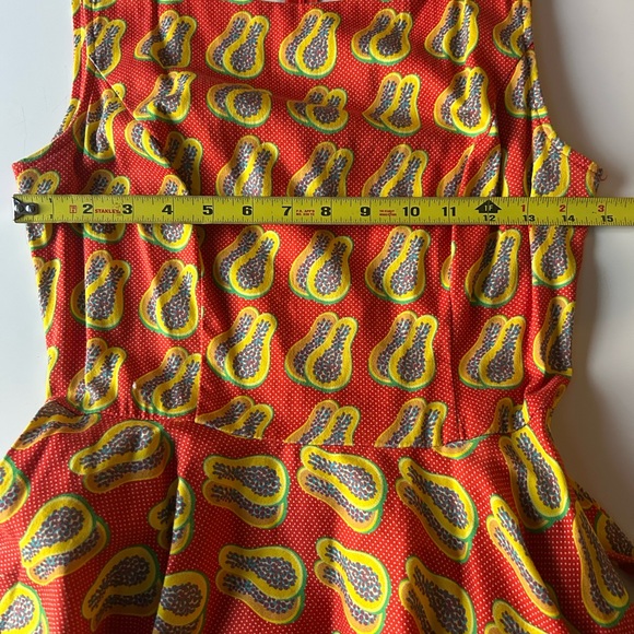Vacation Party Tropical Papaya Print Sleeveless A-Line Swing Dress W/ Belt - Picture 8 of 11